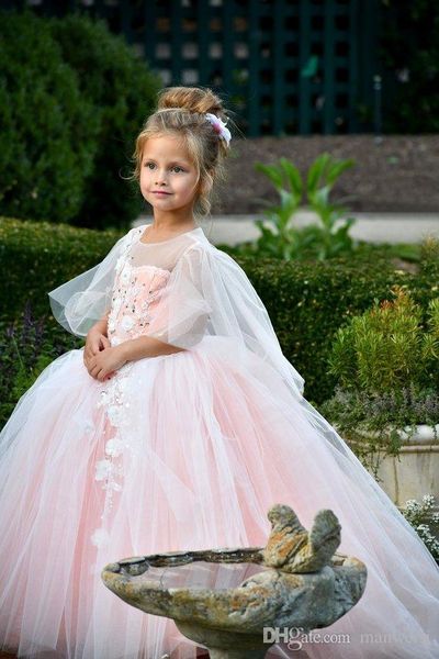 Prenses Pembe Çiçek Kız Elbise Kızı Toddler Pretty Çocuk Pageant Ilk Communion Elbise Jewel Boyun Tül Uzun Gelinlik Modelleri