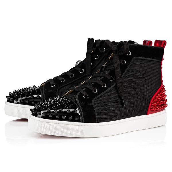 

men women red bottom shoes black suede leather with sliver spikes toe back hi-sneakers,designer brand spikes toe casual shoes 35-47 cu07