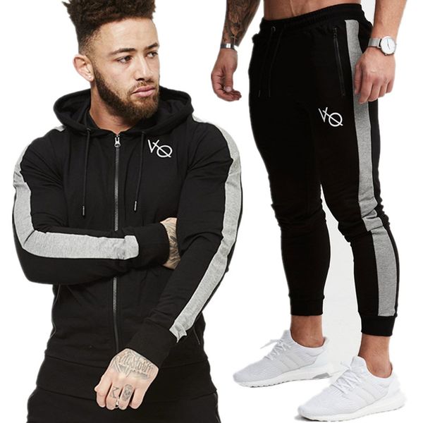 

new men running sportswear suits sweatshirt/sweatpants gym fitness workout cotton hoodies/pants 2pcs/sets male jogging tracksuit, Black;blue