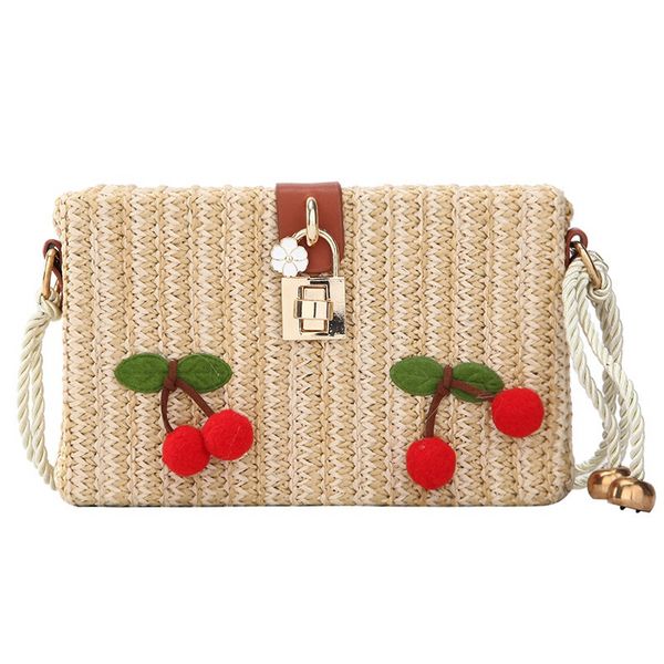 

summer straw beach messenger bag new girls chain shoulder cherry handbags bag lock fashion ladies messenger