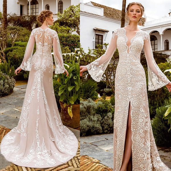 

boho wedding dresses jewel sheer long sleeve high-split lace appliqued bridal gown tulle sweep train custom made beach robes de mariÃ©e, White