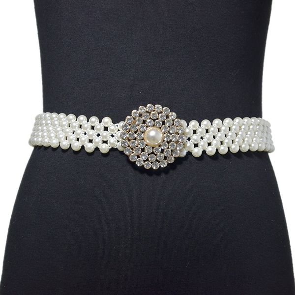 

women bridal imitation pearl stretch waist belt chain with rhinestone buckle wedding dress gown decorative jewelry cummerbunds, Black;brown