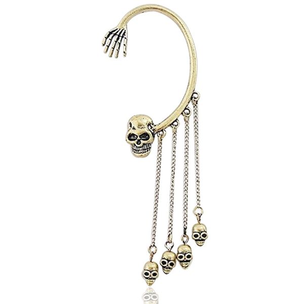 

2018 new style europe and america punk rock ghost hand skull rivet tassels ear cuff women's long exaggeration ear stud, Golden;silver