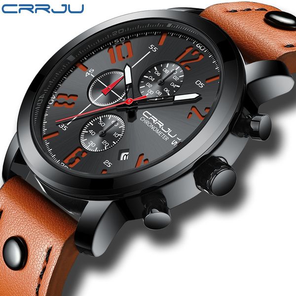 

relogio masculino crrju creative luxury quartz watch leather chronograph army military sport watches clock men reloj hombre c19041601, Slivery;brown