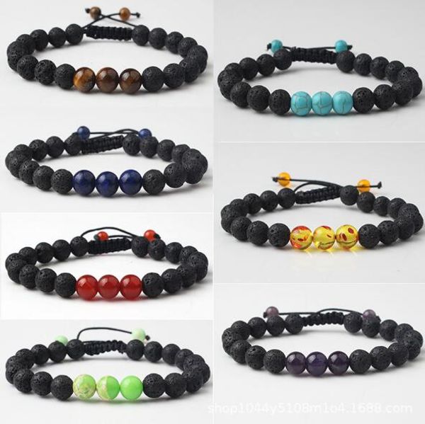 

мода 8 мм натуральный черный лавовый камень тканые бирюзовый тигровый глаз браслет diy ароматерапия эфирное масло диффузор браслет, Black