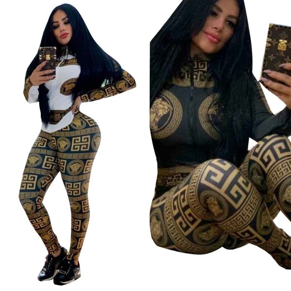 

Women de igner two piece pant et plaid totem print long leeve zipper jacket lim long pant uit fa hion outfit white black