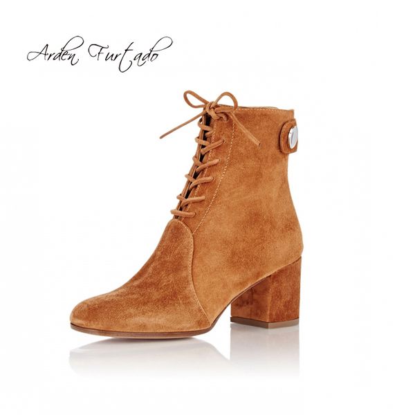 

fashion women's shoes winter 2019 lace up high heels elegant pointed toe brown women's boots short boots chunky heels consice, Black