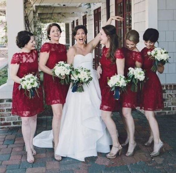 

short burgundy lace bridesmaid dresses 2019 bateau short sleeve mini garden country beach wedding guest gowns maid of honor dress plus size, White;pink
