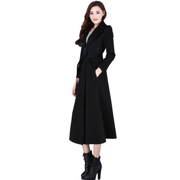 

women 2019 spring autumn woolen long coats female turn-down collar wool blend outerwear casual slim maxi cashmere overcoats v594, Black