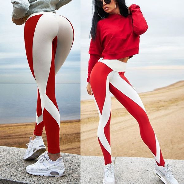 

yoga pants high elastic tight compression stitching color running gym fitness pants workout leggings sport trousers, White;red