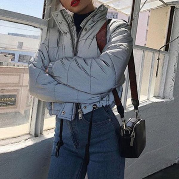 

fashion short down jacket women clothing 2019 autumn modern reflective parka thick winter warm coat night luminous puffer jacket, Black