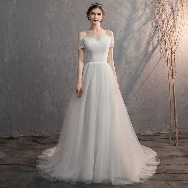 

lace short sleeves wedding dresses 2020 off shoulder beach wedding gowns lace up bride dress with sweep train, White