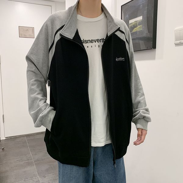 

autumn new hoodies men fashion contrast color letter printing casual stand collar sportswear street hip hop loose sweatshirt, Black