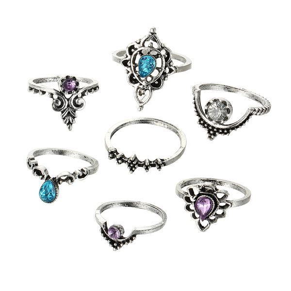 

7pcs / set european and american new cluster rings retro carved hollow purple diamond exaggerated pattern ring joint women's jewelry, Golden;silver