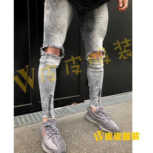 

мужские ноги джинсы колено отверстие брюки ноги молния мужская, Blue