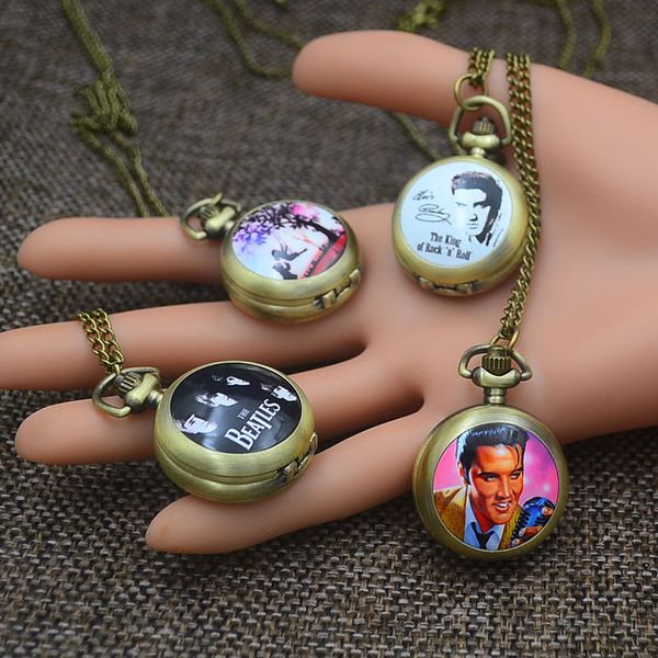 

fashion pocket watches necklace pendant women quartz fob watch bronze the elvis presley cute girl skull marilyn monroe, Slivery;golden