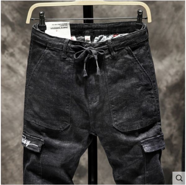 

черный han издание tide свободный инструмент jeans man ветровые straight line эластичный пояс хлопок мытье штаны, Blue