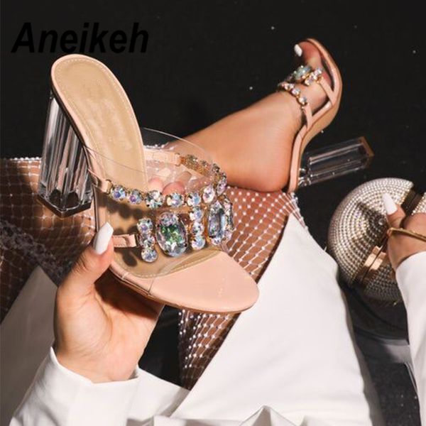 

aneikeh fashion 2020 summer rhinestone pvc sandals women shoes peep toe stilettos perspex high heels sandals summer party pumps t200515, Black