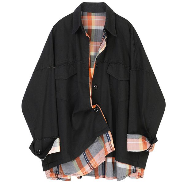 

eam] loose fit plaid spliced loose big size jacket new lapel long sleeve women coat fashion tide autumn winter 2019 jz686, Black;brown