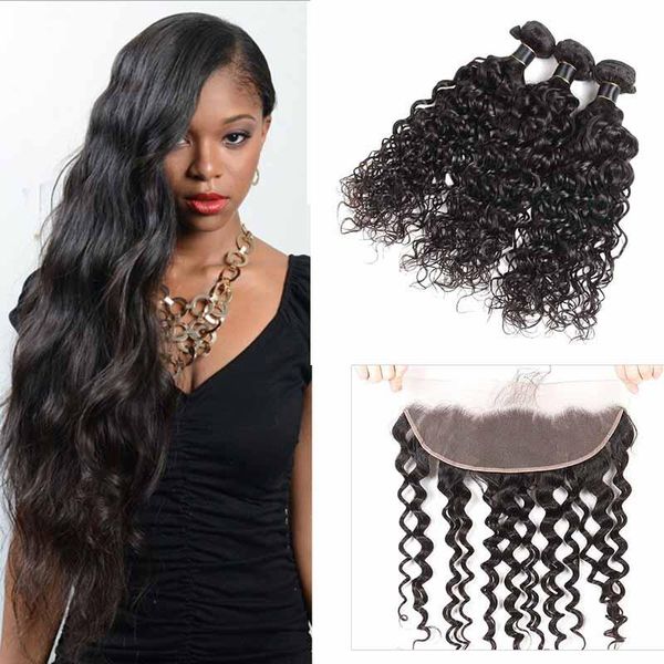 

бразильские виргинские расслоения волны воды волос с прифронтовой естественной чернотой 3 пачки с плетениями волос волны воды закрытия шнурк, Black;brown