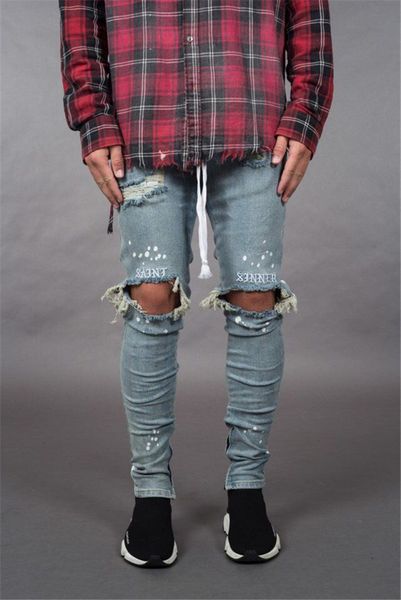 

Mens Light Blue Pencil Jeans Fashion Ripped Embroidery Washed Pants Mens Designer Jeans With Pockets