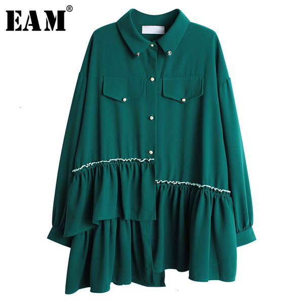

eam] women pearl pleated big size green blouse new lapel long sleeve loose fit shirt fashion tide spring autumn 2019 1k959, White