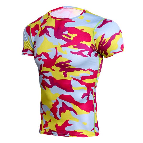 

camouflage short sleeve t-shirt mens running compression sport shirt men dry fit breathable rashgard man gym fitness tights, Black;blue