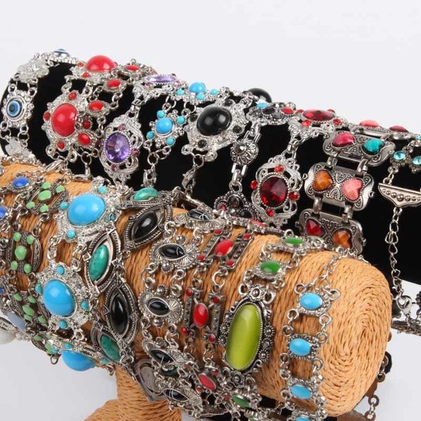 

wholesale mix batch 10 pieces fashion tibetan big stone beads charm adjustable bohemian women's bracelet jewelry gifts, Golden;silver
