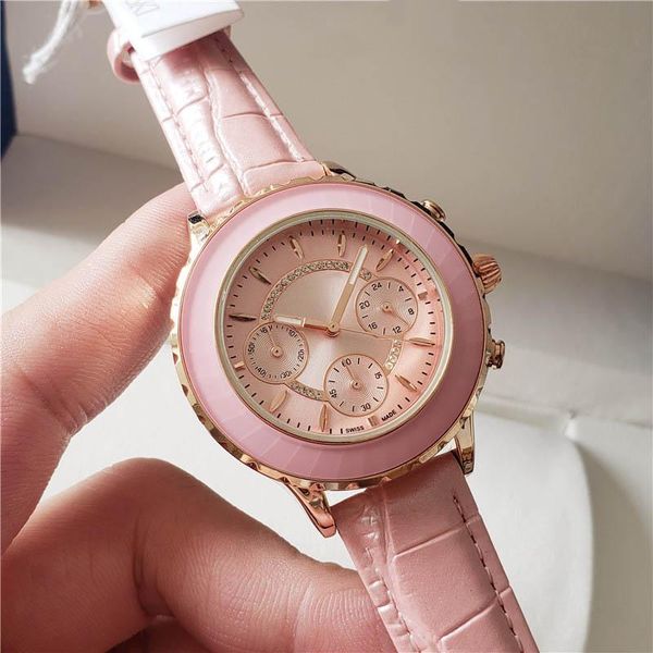 

luxury womens svvan watches female designer watches all subdials work pink leather 39mm watch ceramic cover dial chronograph wristwatch gift, Slivery;brown