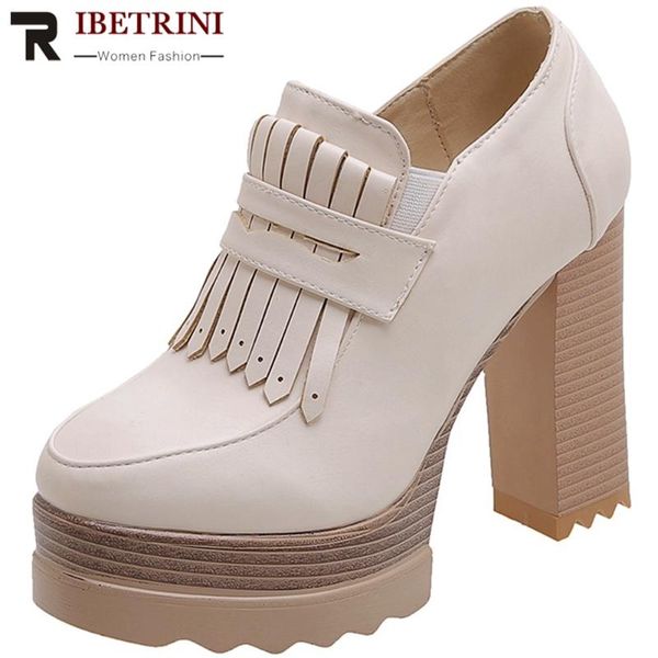 

ribetrini female spring shoes woman platform block heel fringe slip on platform pumps women office casual sewing pumps, Black