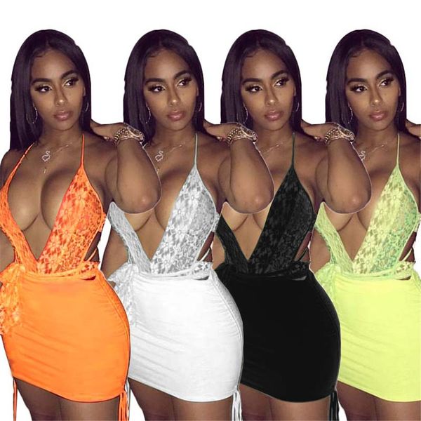 

флуоресцентный цвет женщин из двух частей платье сексуальный v-образным вырезом недоуздок комбинезон с открытой спиной + мини-юбка bodycon c, Black;gray