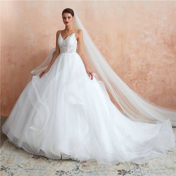 

gorgeous ball gown wedding dresses 2020 spaghetti strap appliques illusion ruched tulle bridal gowns with corset back cps1437