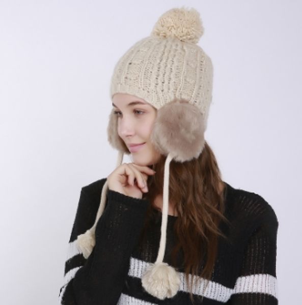 

halloween beanie european new fashion women winter knitted warm caps hand-woven woven ball with hair ball earmuffs lei feng hats wholesales, Blue;gray