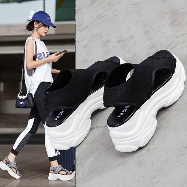 

sports sandals female summer new korean version of ulzzang wild sponge cake thick bottom fashion casual beach shoes, Black