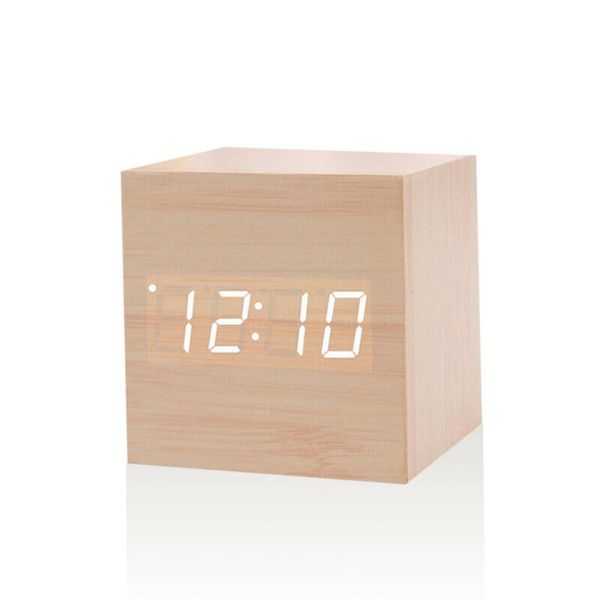

wood cube led display electronic clock alarm voice control digital desk bedside clocks temperature for desk office