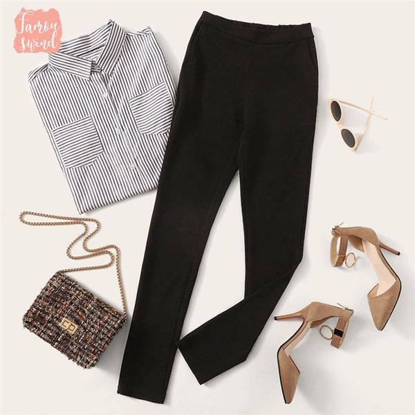 

талия mid карандаш брюки черный упругие талии узкие брюки осень леди офис элегантный slim fit вертикальный женщины, Black;white