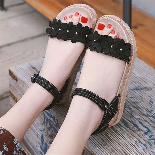 

sandals women summer new wild beach shoes muffin shoes women flowers thick bottom roman sandals women's sandalias mujer, Black