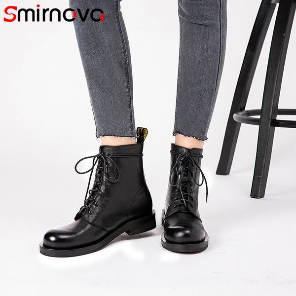 

smirnova new arrive 2020 winter woman ankle boots genuine leather boots high qiality shoes round toe black riding