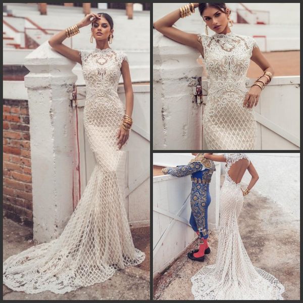 

2019 new julie vino mermaid wedding dresses high neck lace bridal gowns sweep train backless abiti da sposa wedding dress plus size, White