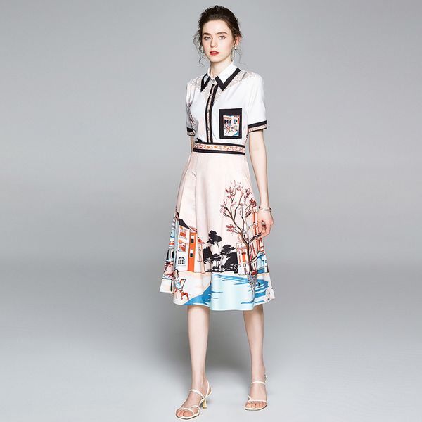 

women and skirt short sleeve vintage elegant office lady mid-calf womens sets 2020 new summer turn-down collar women skirt, White