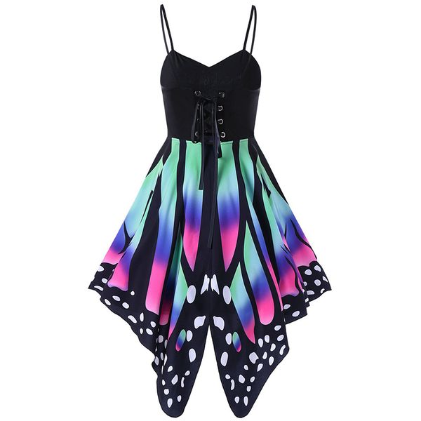 

women party dresses print butterfly dresses spaghetti strap sleeveless dress back bandage cross dresses for women ws446m, Black;gray