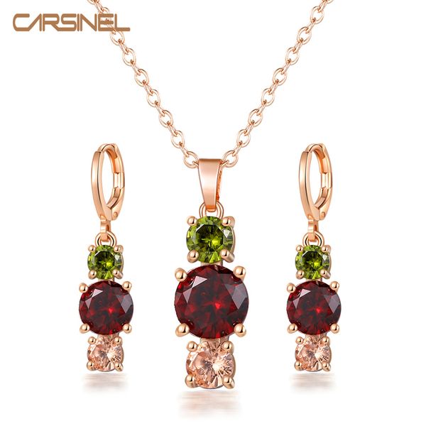 

carsine fashion round bridal jewelry sets for woman multicolor cubic zirconia pendant necklace earrings wedding party gift, Silver