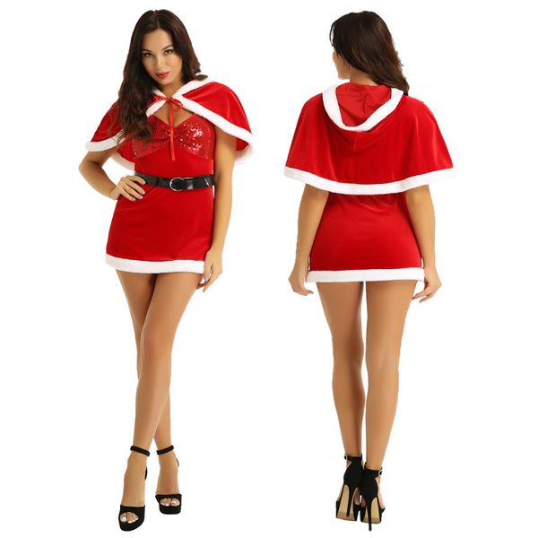 

tiaobug women xmas mrs claus costume santa outfit deep v-neck sequins cosplay christmas dress with hooded cape belt set, Silver