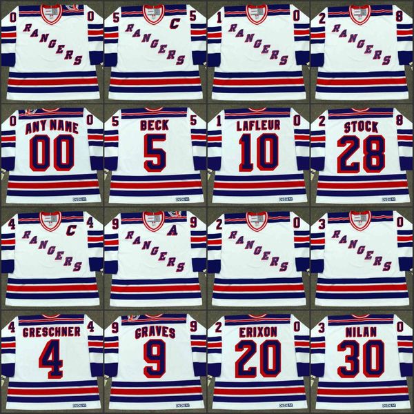 

new york rangers 4 ron greschner 5 barry beck 9 adam graves 10 guy lafleur 20 jan erixon p.j. stock chris nilan, Black;red