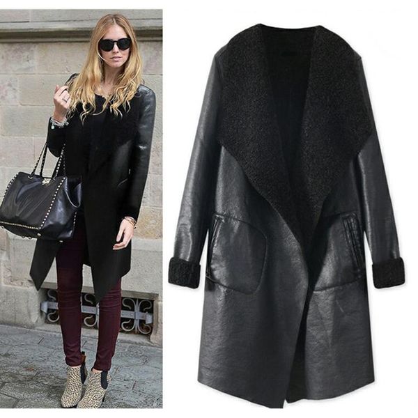 

women's autumn winter lamb cashmere pu leather jackets long large size thick lambskin cardigan outerwear coats plus size w214, Black