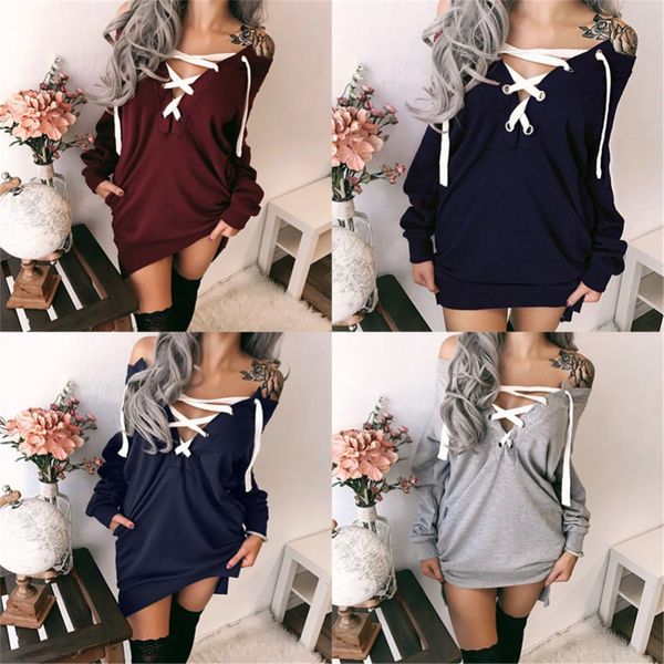 

women's fashion solid color dress low cut lace-up pocket casual sweatshirt autumn and winter deep v neck hoodies, Black