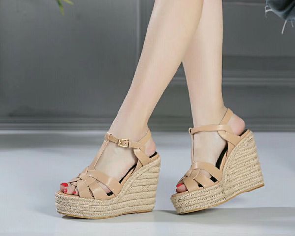 

2020040602y 40 genuine leather calf skin strap wedge .5cm platform sandals black caramel brown beige patent leather sexy