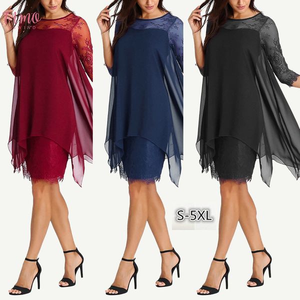 

women chiffon pencil lace dress new fashion chiffon overlay three quarter sleeve lace dress oversize s 5xl, Black;gray