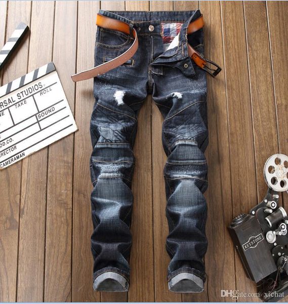 

big size jeans men's slim fit jeans straight leg denim pants blue casual ripped washed jeans 7117