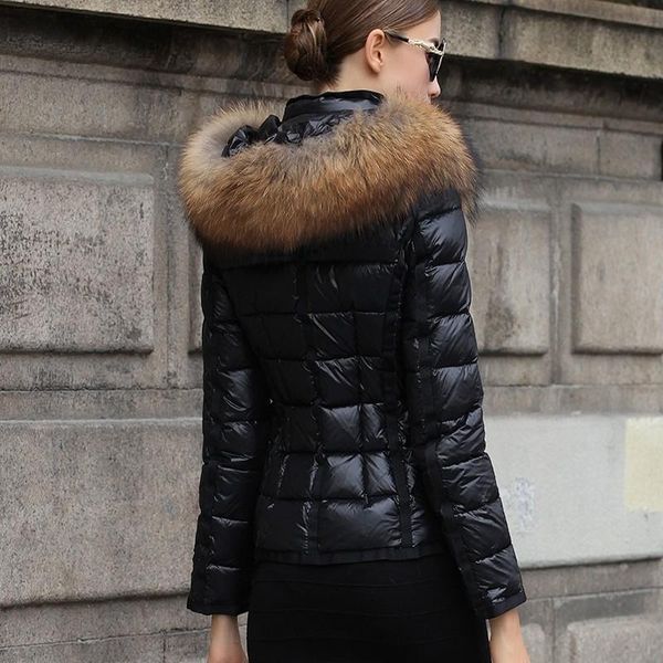

winter women jackets france luxury down jacket winter coat outerwear down coats slim parkas raccoon fur collar down jacket warm winter coats, Black